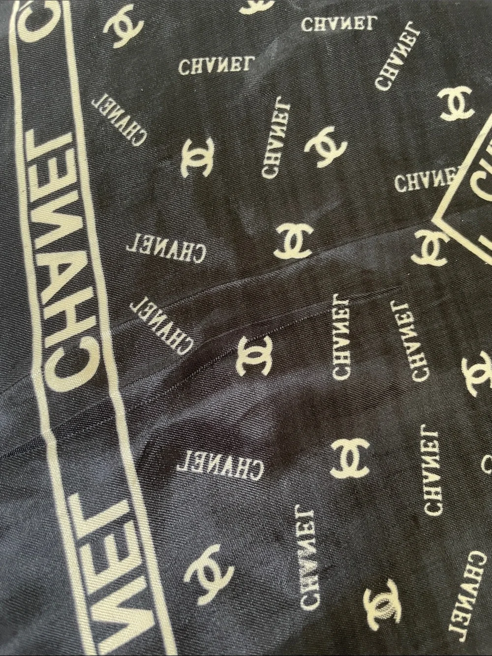 CHANEL Black and Cream Signature Silk Square Scarf